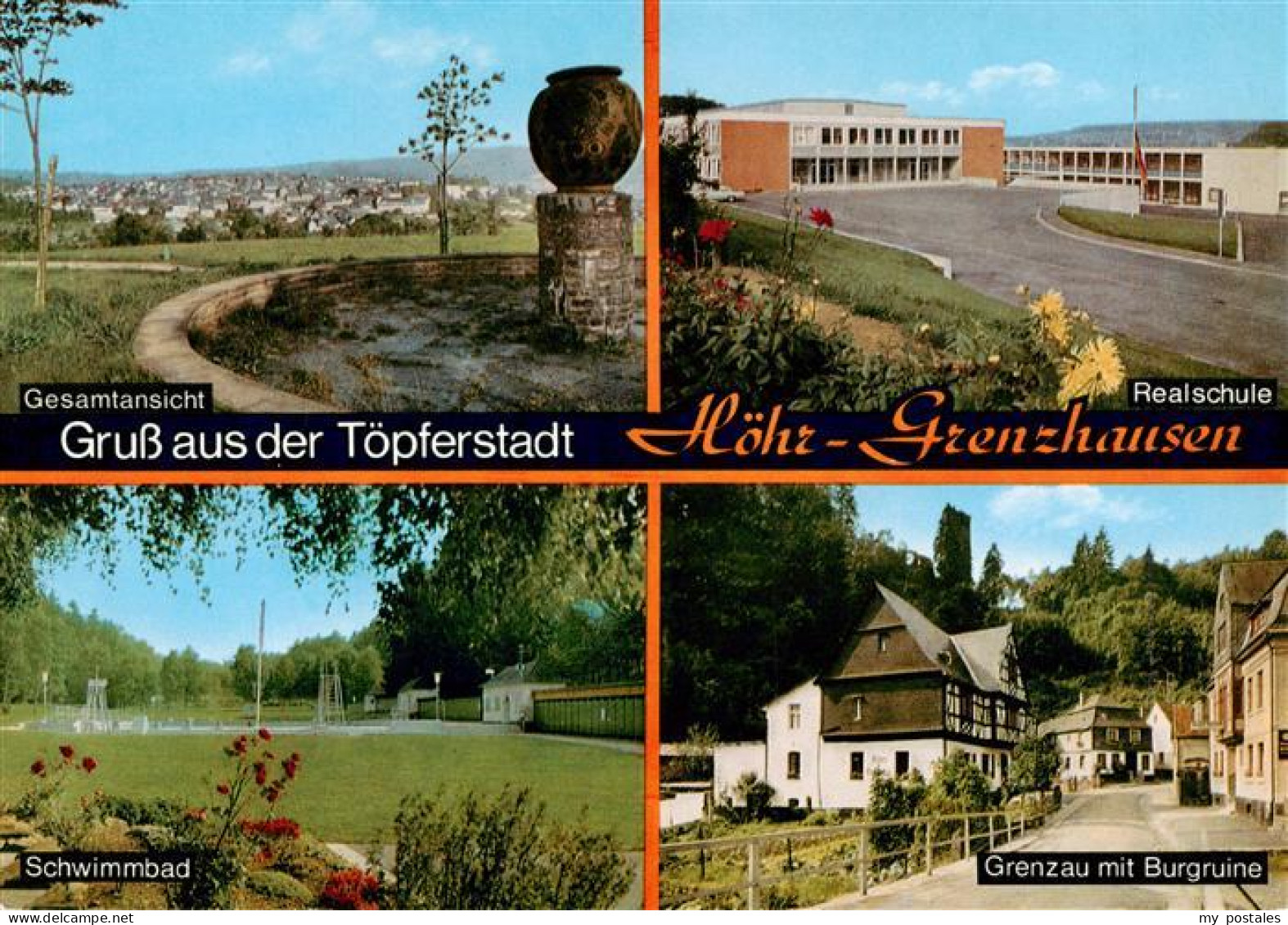 Hoehr-Grenzhausen Panorama Realschule Schwimmbad Grenzau mit Burgruine