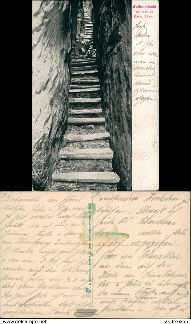 Hohnstein Sächsische Schweiz Wolfschlucht Hockstein Mann auf Holztreppe 1910