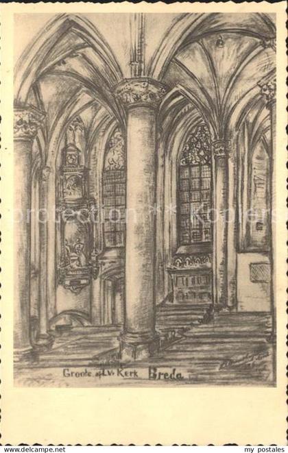 Breda Noord-Brabant Groote Kerk Zeichnung Kuenstlerkarte