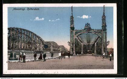 Glitzer-Perl-AK Rotterdam, Maasbrug mit Glitzer-Perlen