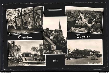 AK Tegelen, Hoekstr. m. R. K. Kerk, Theater Passiespelen, Panorama
