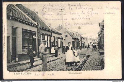AK Terneuzen, Vlooswijkstraat mit Geschäft und Passanten
