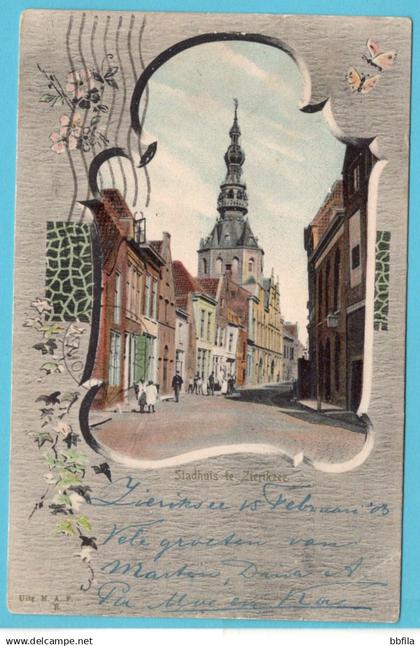 NEDERLAND prentbriefkaart Stadhuis te Zierikzee 1903 treinstempel Steenbergen-Brouwershaven grootrond naar Hoboken, USA