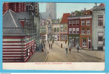 NEDERLAND prentbriefkaart Groote Markt en Luttekestraat 1907 Zwolle - Groningen