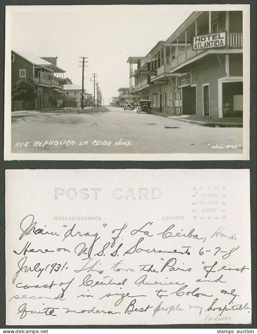 Honduras Old RP Postcard La Ceiba Avenida Republica Street Hotel Atlantida Arias