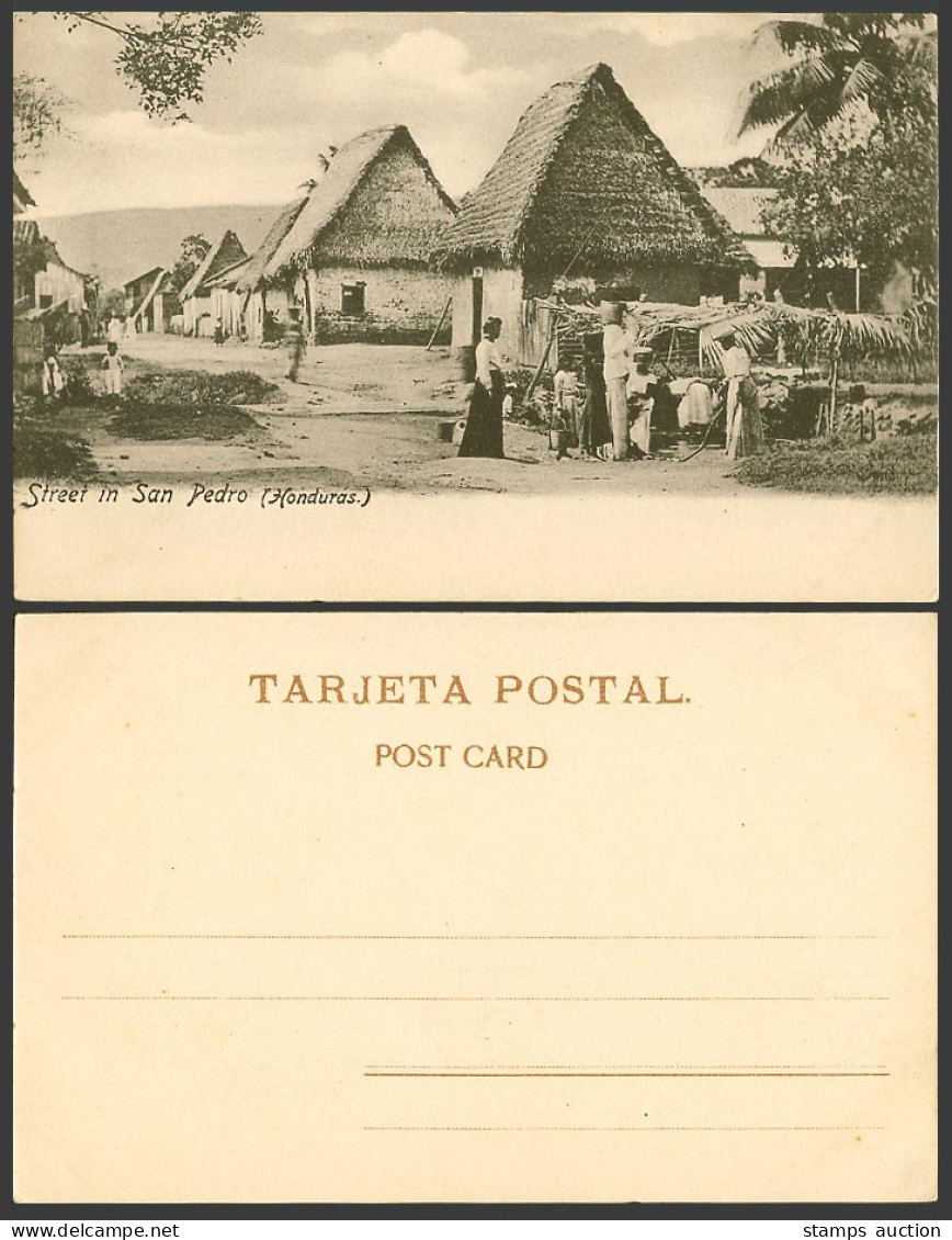 Honduras Old UB Postcard Street Scene in San Pedro, Native Houses Women Children