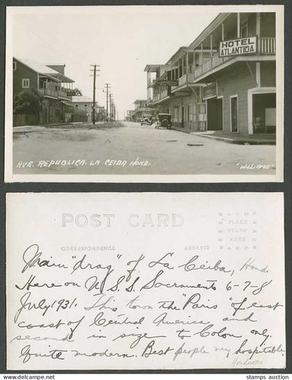 Honduras Old RP Postcard La Ceiba Avenida Republica Street Hotel Atlantida Arias