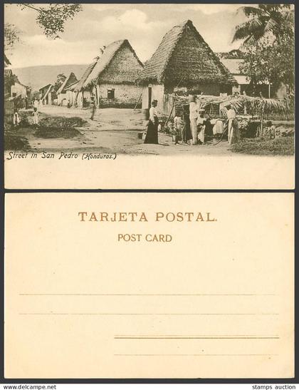 Honduras Old UB Postcard Street Scene in San Pedro, Native Houses Women Children