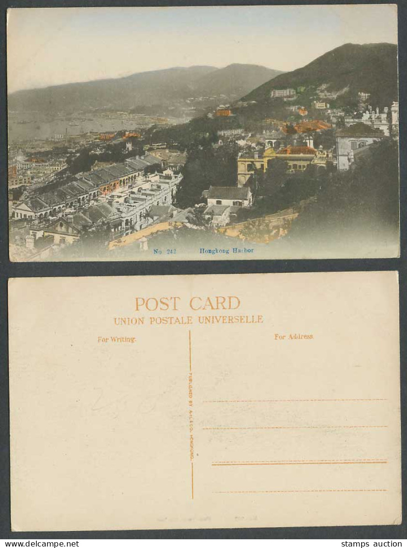 Hong Kong China c.1910 Old Hand Tinted Postcard Hongkong Harbour Panorama Hills