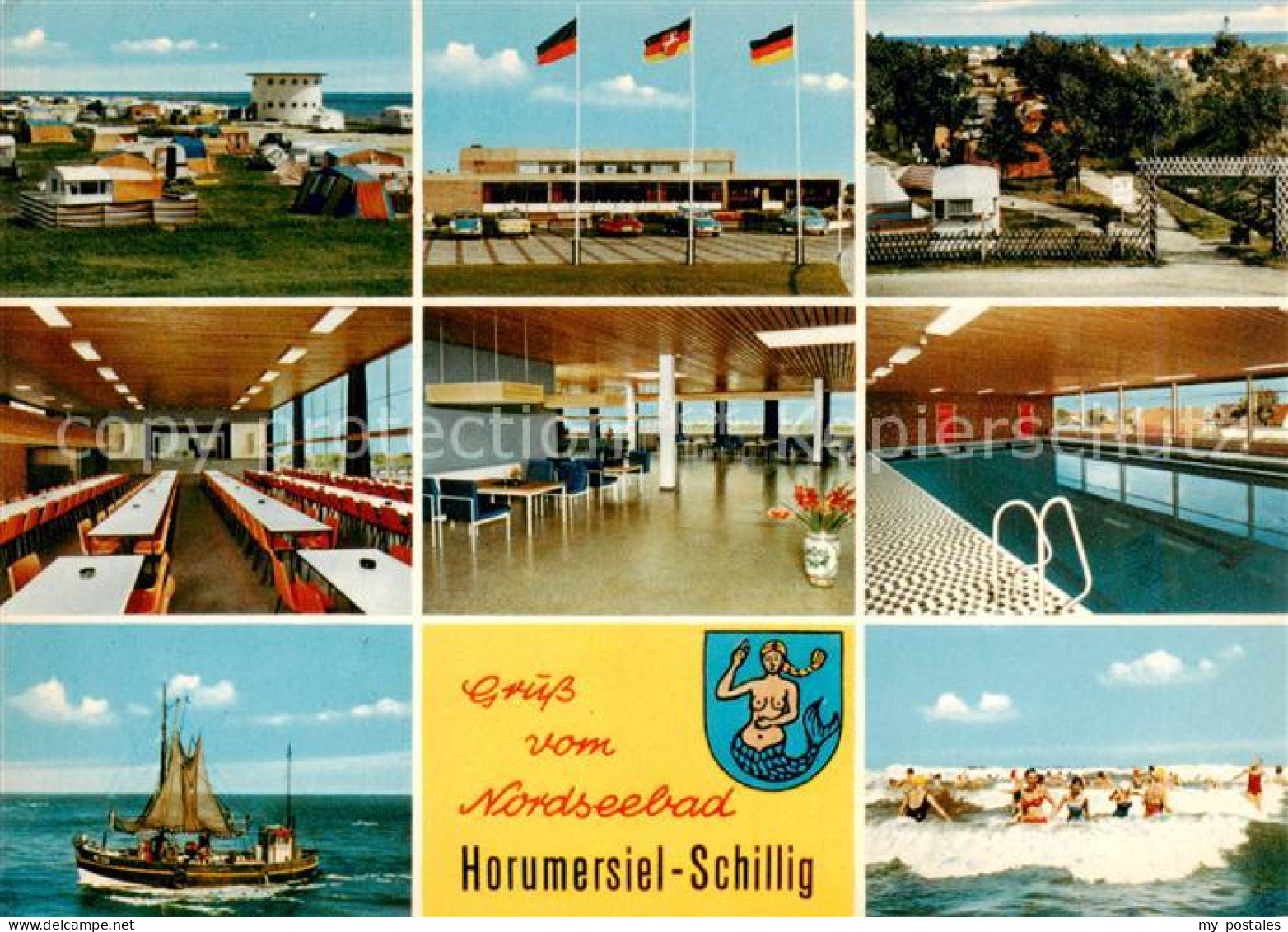 Horumersiel Wangerland Teilansichten Speisesaal Foyer Hallenbad Fischerboot Bade