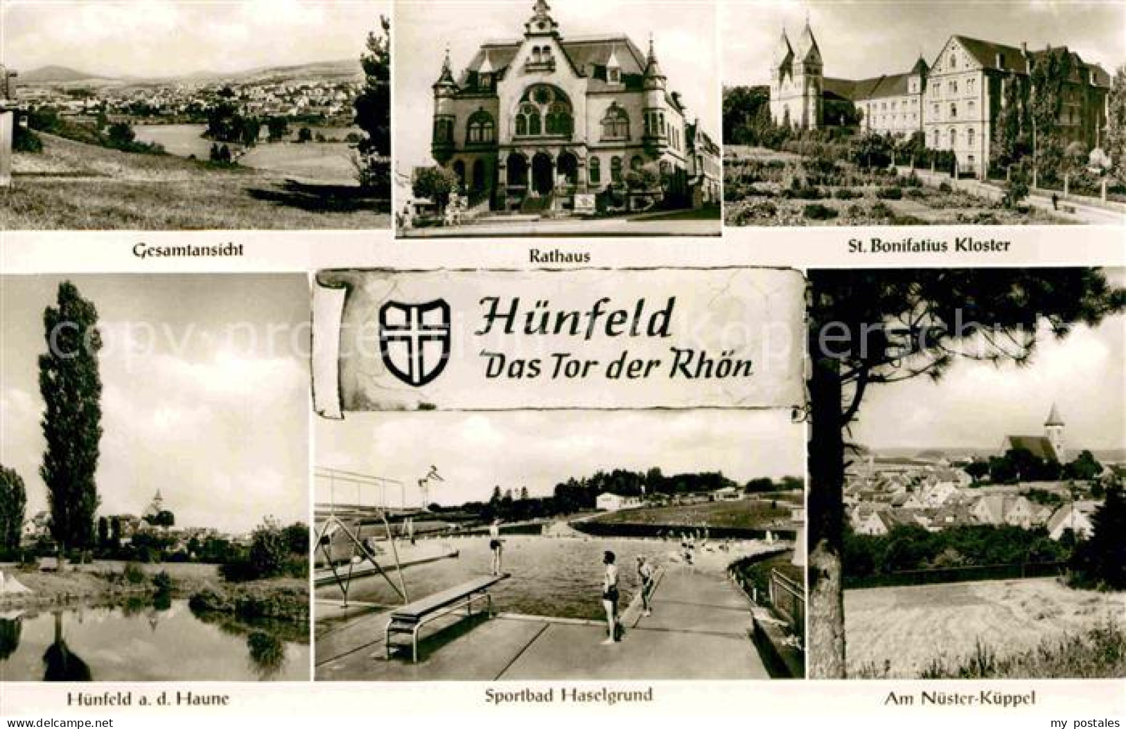 Huenfeld Gesamtansicht Rathaus St Bonifatius Kloster Nuester Kueppel Sportbad Na