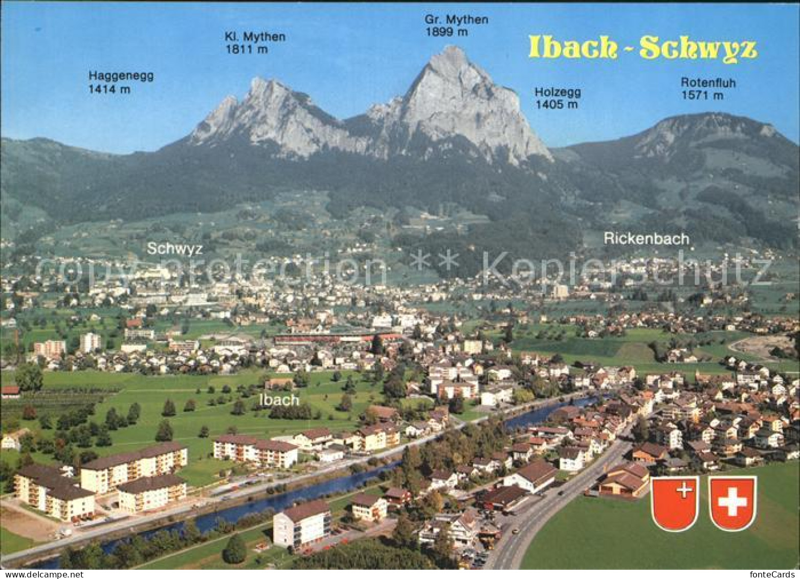 Ibach SZ mit Schwyz Rickenbach und Mythen Fliegeraufnahme