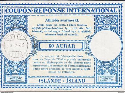 1949. ISLAND. COUPON-RESPONSE INTERNATIONAL 60 AURAR ISLANDE - ISLAND (folds) cancelled REYKJAVIK 14 IX 49... - JF550016
