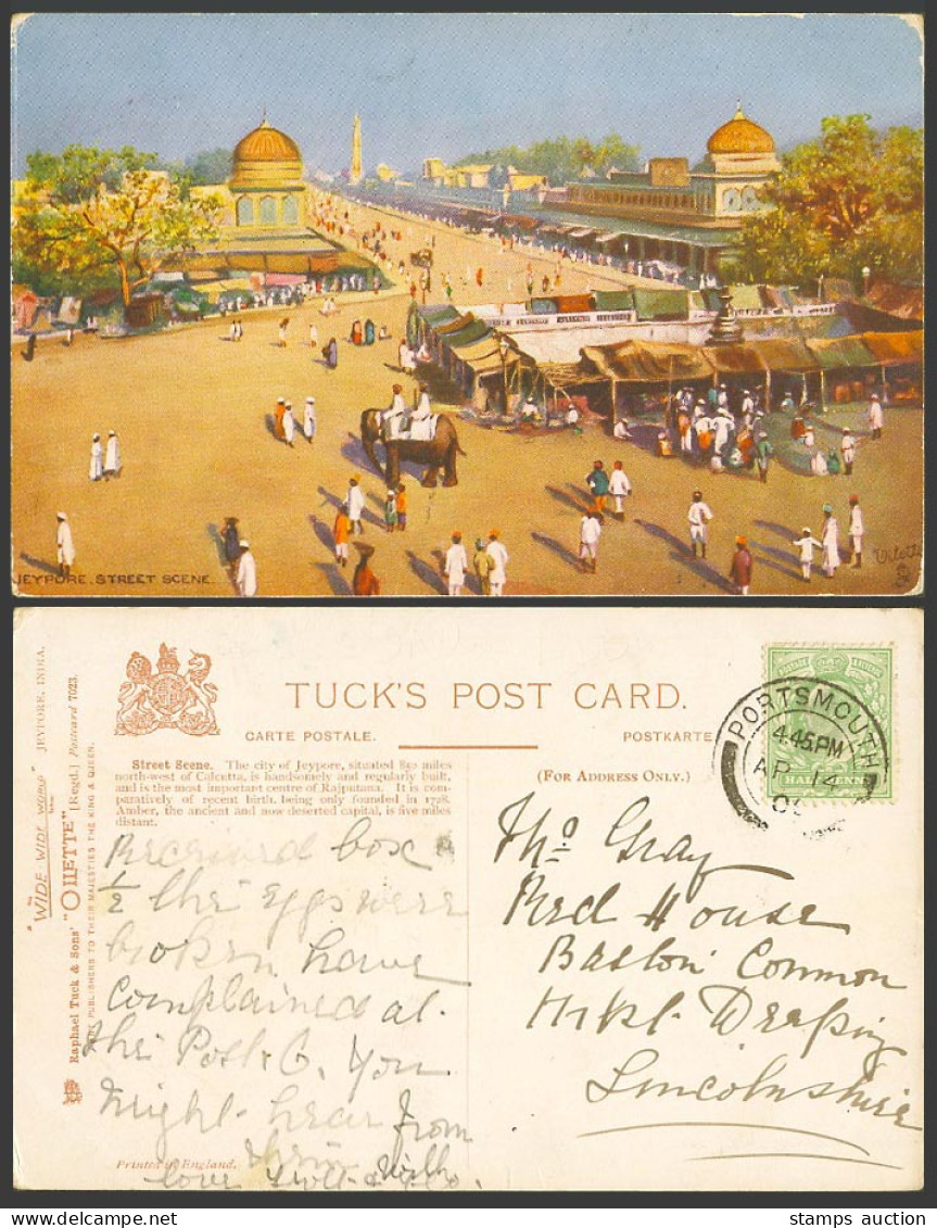 India 1905 Old Tuck's Postcard Jaipur Jeypore Street Scene, Rajputana, Elephant