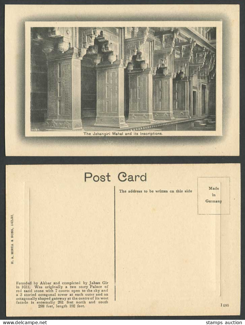 India Old Embossed Postcard Jahangiri Mahal & Inscriptions Red Sand Stone Palace