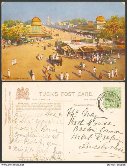 India 1905 Old Tuck's Postcard Jaipur Jeypore Street Scene, Rajputana, Elephant