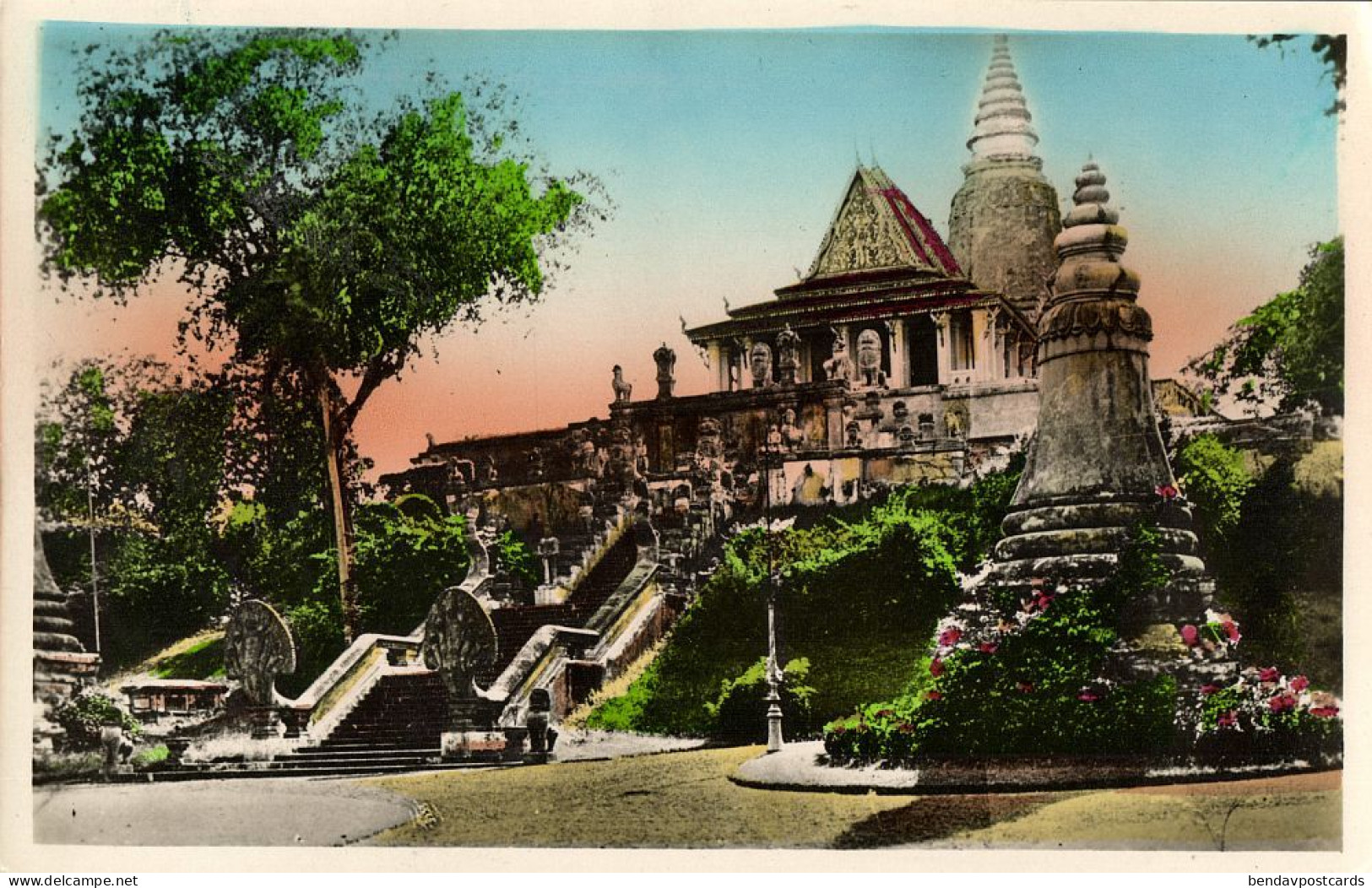 indochina, Cambodia, PHNOM PENH,  Staircase to Wat Phnom (1950) RPPC Postcard