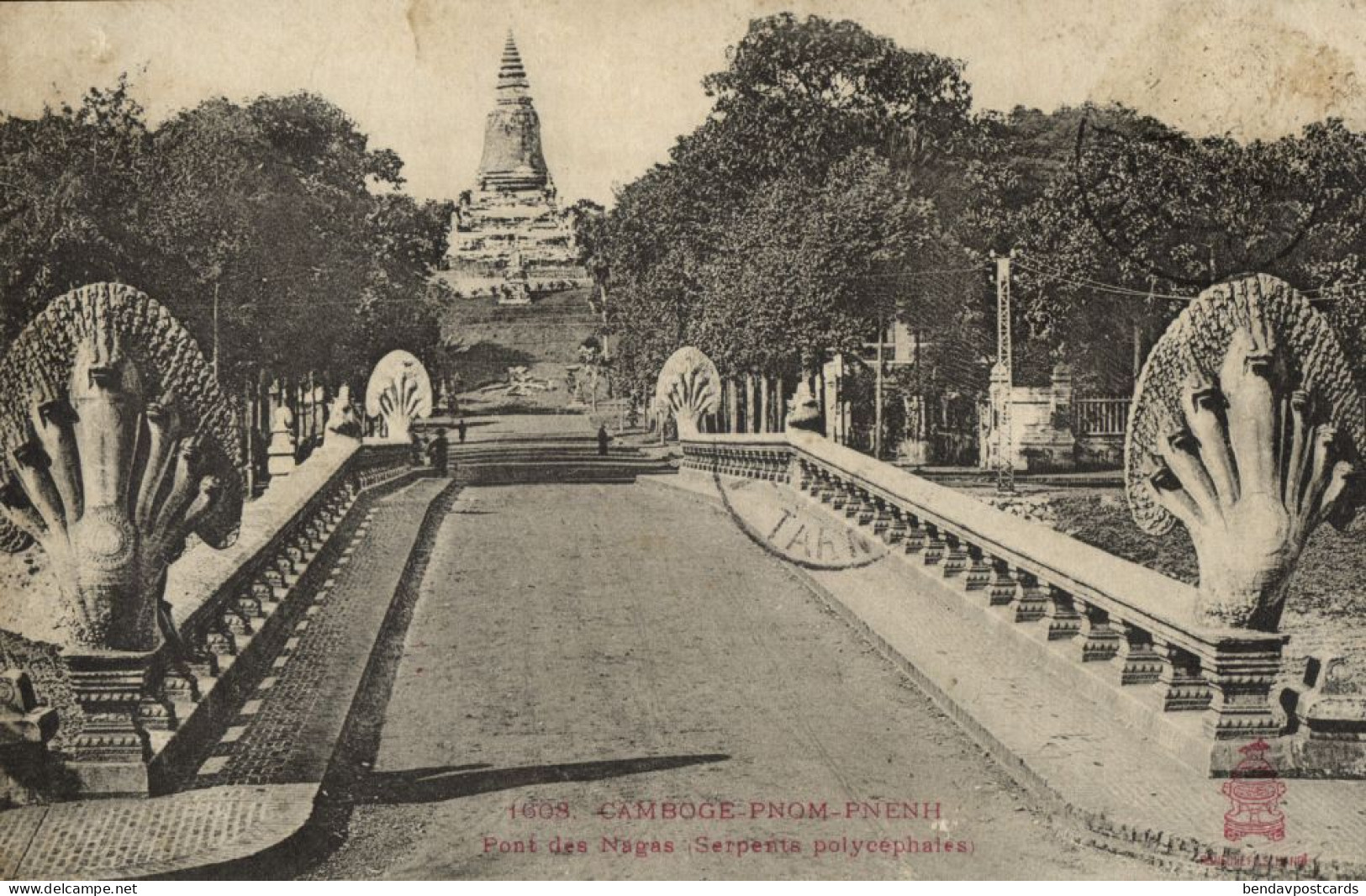 indochina, Cambodia, PNOM PENH, Naga Bridge, Wat Phnom Temple (1908) Postcard