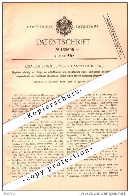 Original Patent - Charles E. Long in Cannycourt , Ireland , 1902 , Lock for gates , Kilcullen , Kildare !!!