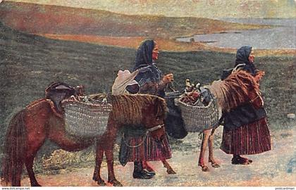 EIRE Ireland - Irish women transport their goods to the market on small Shetland ponies - Postcard published in Germany