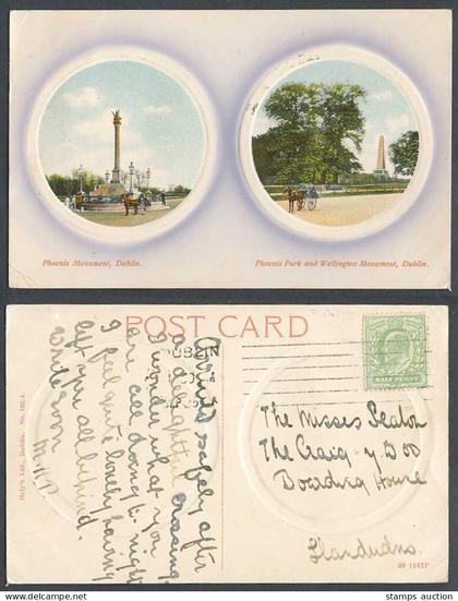 Ireland 1905 Old Postcard Dublin Wellington Monument Phoenix Park, Jaunting Cars
