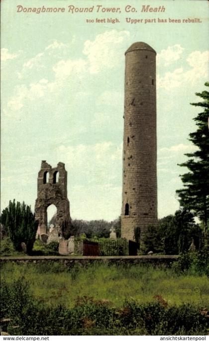 CPA Kells Co. Meath Irland, Donaghmore Round Tower, Co. Meath, hoher Turm, Ruinen, wiederaufgebaut