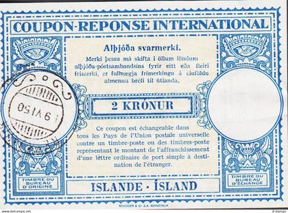 1950. ISLAND. COUPON-RESPONSE INTERNATIONAL 2 KRÓNUR ISLANDE - ISLAND  cancelled REYKJAVIK 9 VI 50. Unusua... - JF550018