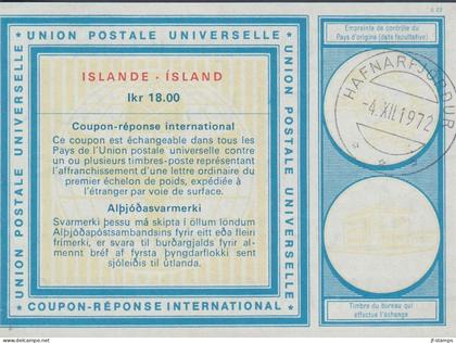 1972. ISLAND. COUPON-RESPONSE INTERNATIONAL Ikr. 18.00 ISLANDE - ISLAND cancelled HAFNARFJÖRDUR 4.XII. 197... - JF600545
