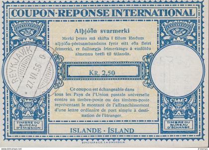 1956. ISLAND. COUPON-RESPONSE INTERNATIONAL KR. 2,50 ISLANDE - ISLAND cancelled REYKJAVIK 27.VI.56. Unusua... - JF600540