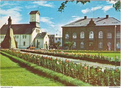 Austurvöllur, the Cathedral and the Parliament House in the center of Reykjavík