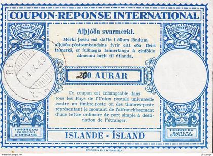 1949. ISLAND. COUPON-RESPONSE INTERNATIONAL 200 manuscript overprint on 60 AURAR ISLANDE - ISLAND (folds) ... - JF550017