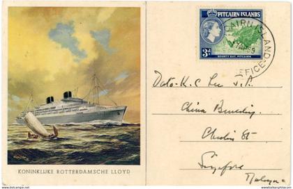 1959 Pitcairn Island Royal Rotterdam Lloyd card to Singapore