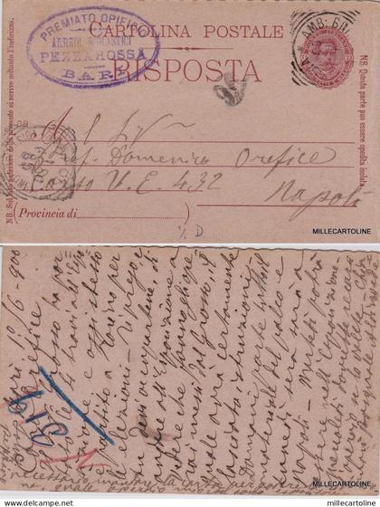 BARI - CART. POSTALE "RISPOSTA" DA BARI A NAPOLI - AMB. BARI-FOGGIA CON TIMBRO..