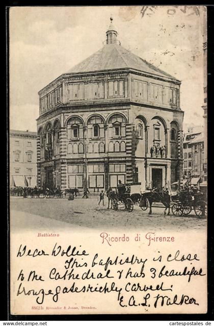 Cartolina Firenze, Battistero con carrozze e persone di fronte