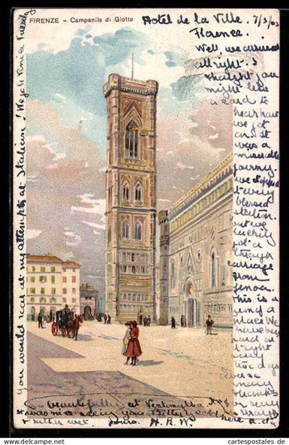 Lithographie Firenze, Campanile di Giotto con persone in piazza