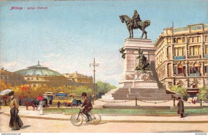 L279 Italy Milano Milan Largo Cairoli Statue Bicyclist vintage postcard