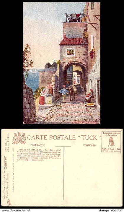 Italy SAN REMO Porte Candeller, Arch Gate Bay Donkey Old Tuck's Oilette Postcard
