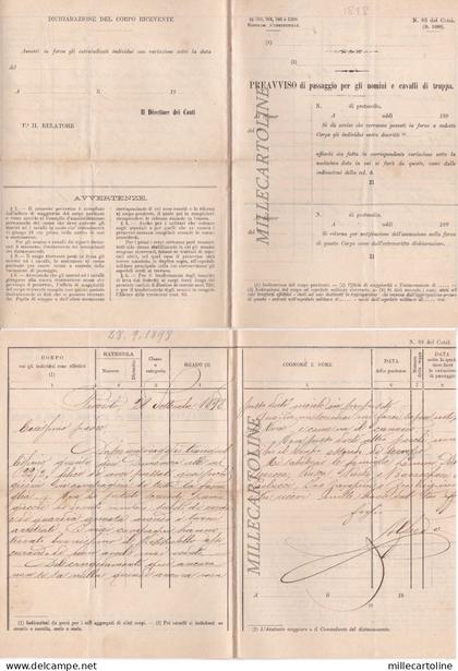 PINEROLO: 1898 preavviso di passaggio per uomini e cavalli di truppe - modulo...
