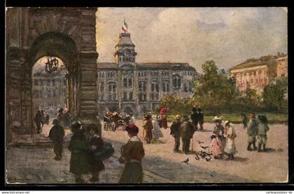 Artista-Cartolina Trieste, Piazza con persone e edificio storico