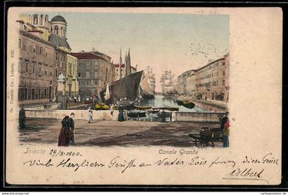 Cartolina Trieste, Canale Grande con barche e persone passeggiando