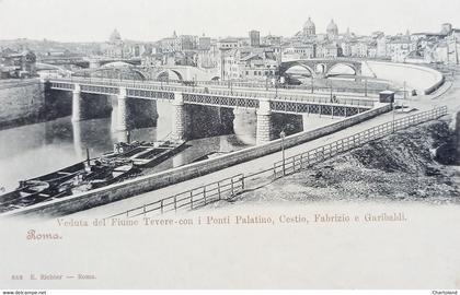 Cartolina - Roma - Veduta del Fiume Tevere con i Ponti - 1900 ca.