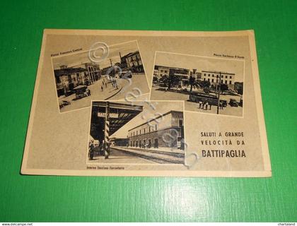 Cartolina Saluti a grande velocità da Battipaglia - Vedute diverse 1950 ca
