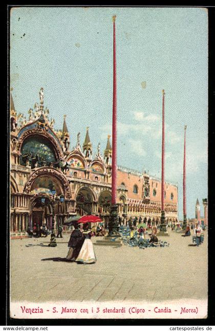 Cartolina Venezia, San Marco con i 3 stendardi (Cipro-Candia-Morea)
