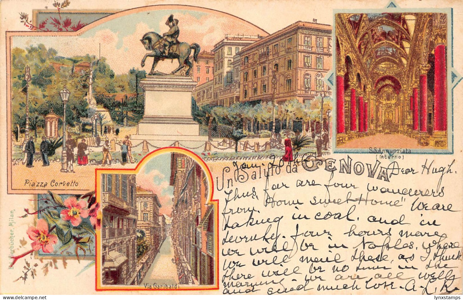 Italy 1900 Un Saluto da Genova Genoa Multi-View Flowers Litho postcard