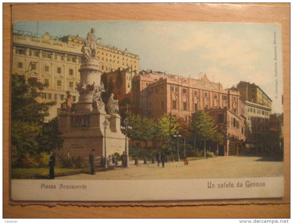 ITALY Genova piazza Acquaverde Grand Hotel Savoie London Hotel ferrovia cancel 1913 to Sweden Genoa card Italia