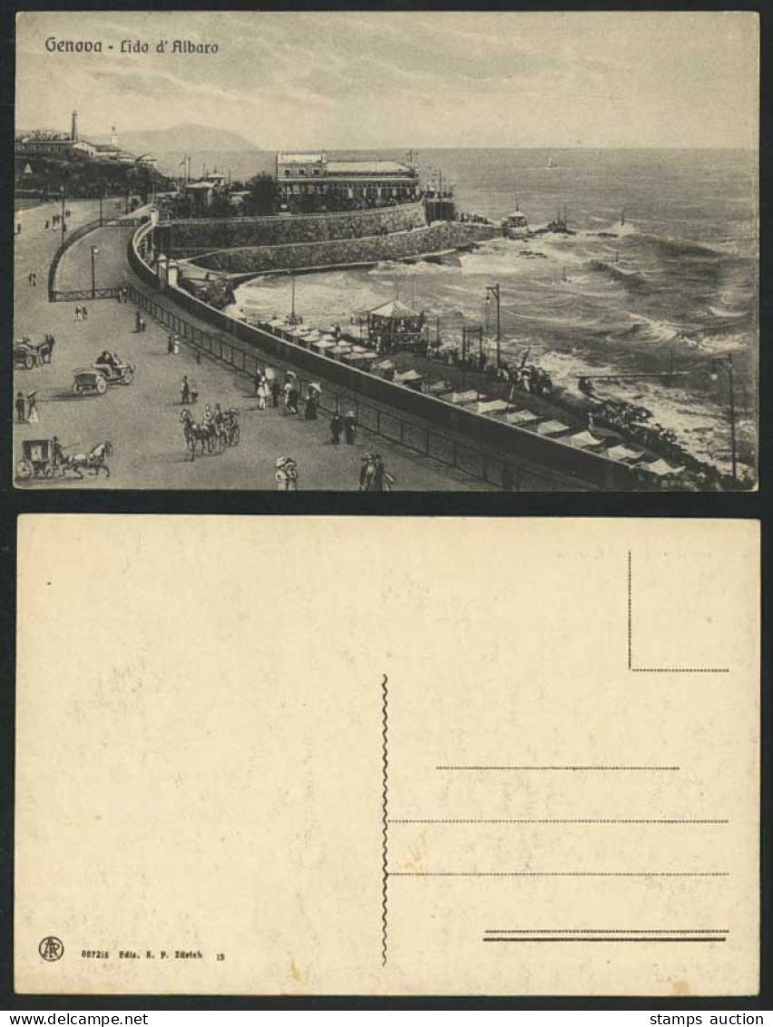 Italy Old Postcard Genova Lido d'Albaro Genoa Beach Huts Lighthouse Promenade St