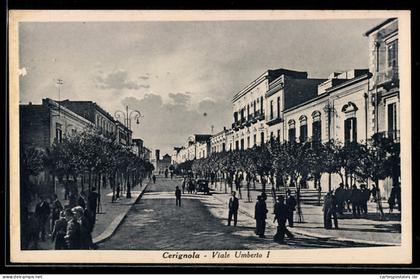 Cartolina Cerignola, Viale Umberto I con alberi e passanti