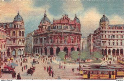 Italy Genova Genoa Piazza de Ferrari Nuova Borsa Credito Italiano tram postcard