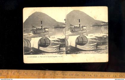 LAGO DI LUGANO : vue stéréoscopique stéréo 3D relief : vue sur le lac de Lugano / bateau vapeur steam boat ship Schiff
