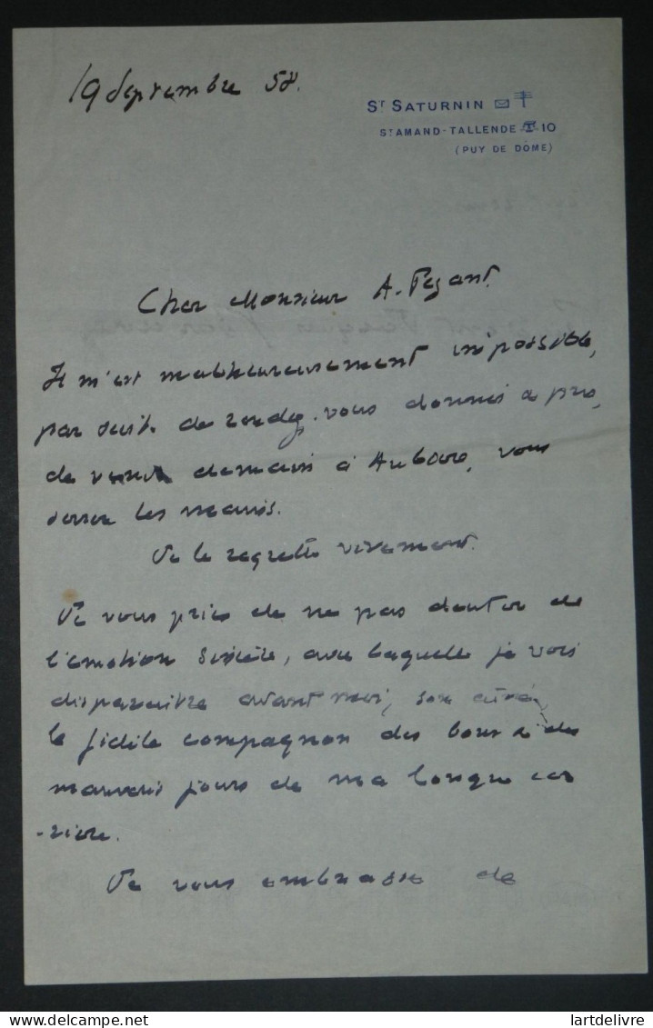 Jacques BARDOUX Lettre Autographe signée, Saint Saturnin, 1958